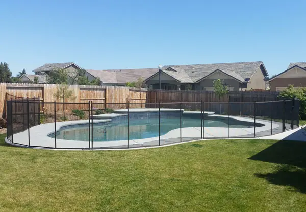 Child-Safe Pool Fencing with Black Mesh & Brown Trim